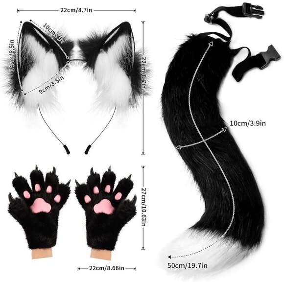 Faux Fur Wolf Ears Headband Plush Tail Gloves Costume Accessory Set main image 4